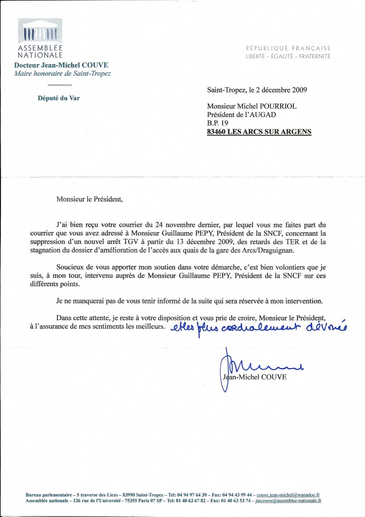 Lettre de Monsieur JM COUVE, Député du Var – AUGAD – Association Des ...